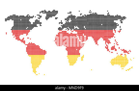 Gepunktete Weltkarte in Deutschland Fahne Farben auf weißem Hintergrund. Stockfoto