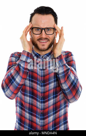 Studio shot junger Mann, Kopfschmerzen Stockfoto