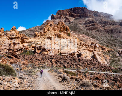 Walker in Richtung Montana de Guajara der höchste Gipfel auf der Caldera rim des aktiven Vulkan El Teide auf Teneriffa auf den Kanarischen Inseln Stockfoto