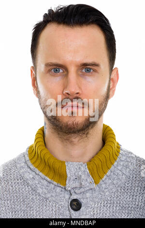 Gesicht der jungen Mann mit gestrickten Pullover Stockfoto