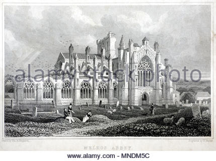 Melrose Abbey Melrose, antike Gravur von 1829 Stockfoto