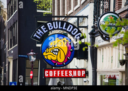 Amsterdam, Niederlande, April, 2018: Der berühmte coffeshop Bulldogge in Amsterdam, Niederlande Stockfoto