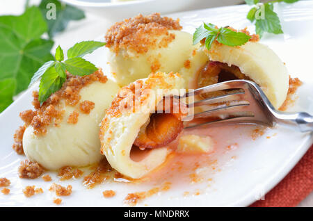 Typisch österreichische Pflaume Knödel aus Hefeteig und frischen Pflaumen Stockfoto