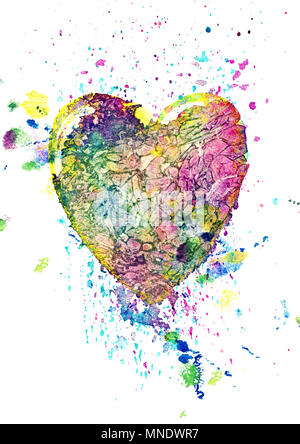 Bunte Aquarelle Herz mit Splatters, starke Textur. Stockfoto