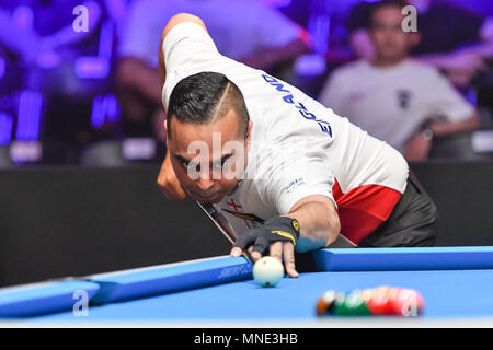 Shanghai, China. 16 Mai, 2018. England's Imran Majid beim World Cup of POOL 2018: Runde 1 - England vs Südkoreanischen an Luwan (Gymnasium) Arena am Mittwoch, den 16. Mai 2018. SHANGHAI, China. Credit: Taka Wu/Alamy leben Nachrichten Stockfoto