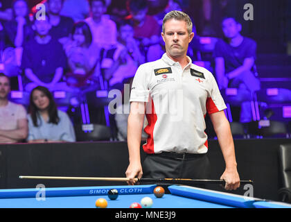 Shanghai, China. 16 Mai, 2018. England's Mark Gray in Aktion beim World Cup of POOL 2018: Runde 1 - England vs Südkoreanischen an Luwan (Gymnasium) Arena am Mittwoch, den 16. Mai 2018. SHANGHAI, China. Credit: Taka Wu/Alamy leben Nachrichten Stockfoto