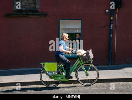 Royal Mile, Edinburgh, 16. Mai 2018. Eine ältere Frau fährt auf einem altmodischen Fahrrad mit einem Terrier-Hund im Korb entlang der Royal Mile, mit ihrer Spiegelung in einem Fenster, während sie vorbeifährt Stockfoto