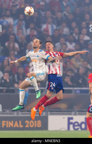 Valere Germain von Olympique Marseille und Jose Maria Gimenez de Vargas von Atletico de Madrid während der UEFA Europa League "Endgültige, Übereinstimmung zwischen Olympique Marseille 0-3 Atletico de Madrid in Stade de Lyon am 16. Mai 2018 in Lyon, Frankreich. Credit: Maurizio Borsari/LBA/Alamy leben Nachrichten Stockfoto