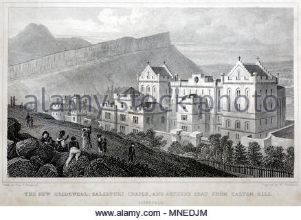 Die neue Bridewell, Salisbury Craigs und Arthur's Seat von Calton Hill, Edinburgh, antiken Gravur von 1829 Stockfoto