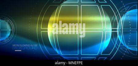 Techno Globus Konzept, neon leuchten Planeten. Techno Globus Konzept, neon leuchten Planeten auf dunklen abstrakte Farbe Hintergrund, Licht Effekte Stock Vektor