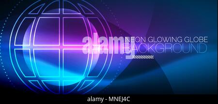 Techno Globus Konzept, neon leuchten Planeten. Techno Globus Konzept, neon leuchten Planeten auf dunklen abstrakte Farbe Hintergrund, Licht Effekte Stock Vektor