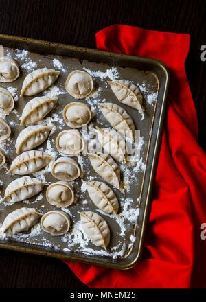 Frische Hand-chinesischen Teigtaschen auf einem Backblech gemacht Stockfoto