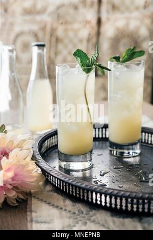 Ein Gin und Lavendel Cocktail mit Pfirsich, Holunderblüten herzlichen und einem Zweig Minze garnieren Stockfoto