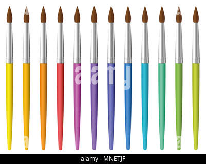 Pinsel. Set von 12 Regenbogenfarben Malerpinsel auf weißem Hintergrund. Stockfoto