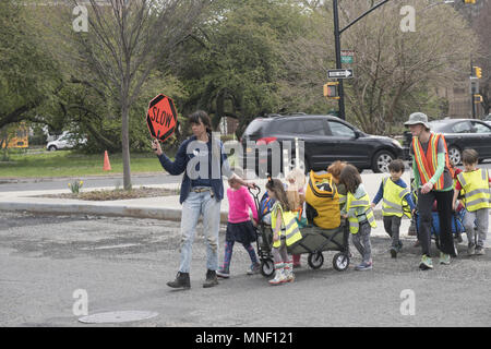 Lehrer mit Verkehrsschild in der Hand geht eine Klasse junger Kinder über eine große Kreuzung auf dem Weg zum Prospect Park in Brooklyn, New York. Stockfoto