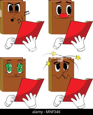 Bücher lesen ein rotes Buch. Cartoon Sammlung mit verschiedenen Gesichtern. Ausdrücke Vektor einrichten. Stock Vektor