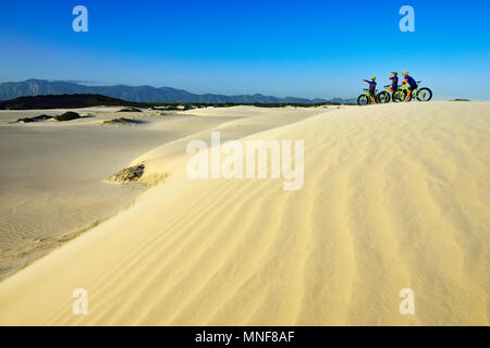 Mountainbiken mit Fett Leihfahrräder auf Sanddünen, Radfahren, Naturschutzgebiet, De Kelders, Gansbaai, Western Cape, Südafrika Stockfoto