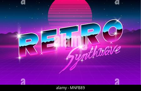 80 s Lila Neon retro Font. Futuristischen Metall Chrom Buchstaben. Helle Schrift auf dunklem Hintergrund. Licht Symbole Zeichen für Nacht Show im Club. Konzept der Galaxie. Satz von Typen. Skizzierte Version. Stock Vektor