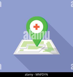 Krankenhaus Karte pin Symbol, flacher Stil Stock Vektor