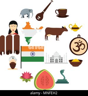 Indien Reisen Symbole im flachen Stil festlegen Stock Vektor