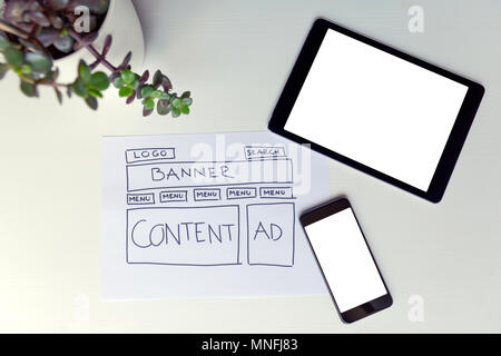 Zeichnung der Website Entwicklung Wire Frame. Die Struktur der Webseite. Web Design Stockfoto