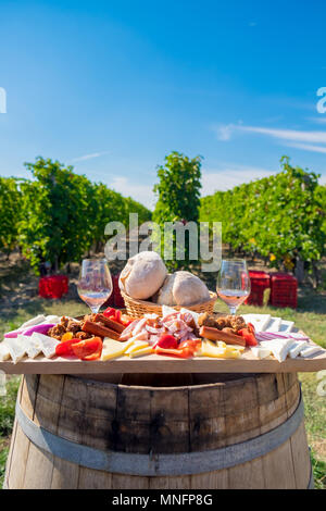 Traditionelle rumänische Küche Teller mit Wein und Weinberge im Hintergrund. Käse, Brot, Wurst, Zwiebeln und roter Wein im Glas Stockfoto