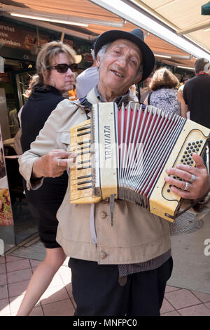 Ein Akkordeon spielen Straßenmusikant mit einer goldenen Zahn am Naschmarkt open air in Wien, Österreich. Stockfoto