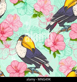 Tropische nahtlose Muster mit toucan und Blumen auf einem grünen Hintergrund. Hand Vector Illustration gezeichnet. Stock Vektor