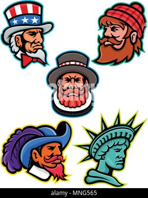 Maskottchen Symbol Abbildung der Köpfe der Amerikanischen und Britischen Maskottchen wie Uncle Sam, Paul Bunyan Holzfäller, Beefeater oder Yeoman, Cavalier oder Moschus Stock Vektor