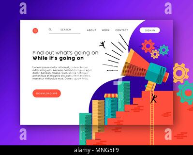Web landing page Template für News App und sozialen Netzwerk. Modern internet Layout mit flachen Hintergrund. EPS 10 Vektor. Stock Vektor