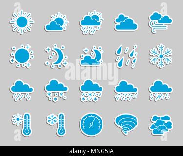 Wetter silhouette Aufkleber Symbole gesetzt. Web sign Kit für Meteorologie. Klima Piktogramm Sammlung umfasst Regen, Wind, Schnee. Einfache wetter Vektor icon Stock Vektor