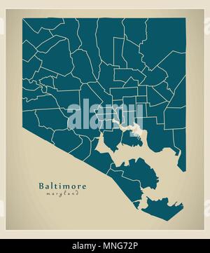 Moderne Stadtplan - Baltimore Maryland Stadt der USA mit Nachbarschaften Stock Vektor