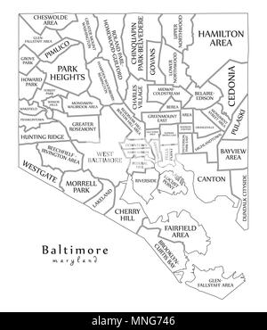 Moderne Stadtplan - Baltimore Maryland Stadt der USA mit Nachbarschaften und Titel Übersichtskarte Stock Vektor