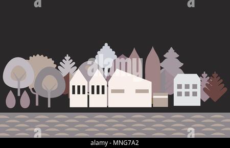 Flaches Design Abbildung: ein Dorf oder eine Stadt am Ufer des Flusses, mit Bäumen im Hintergrund unter einem schwarzen Nachthimmel - Vektor mit Platz für Stock Vektor
