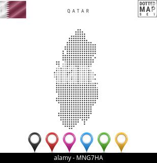 Gepunktete Karte von Qatar. Einfache Silhouette von Qatar. Die Nationalflagge von Qatar. Eingestellt von bunten Karte Markierungen. Vector Illustration isoliert auf weißem Ba Stock Vektor