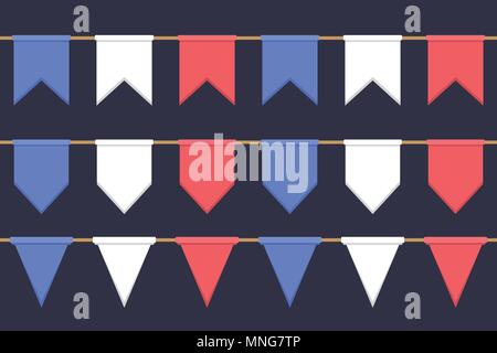 Satz von Girlanden mit Feier Flagge Kette, weißen, blauen, roten Fähnchen auf dunklem Hintergrund, Fußzeile und Banner für die Dekoration Stock Vektor
