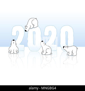 Vier süßen Eisbären um gefrorene Neues Jahr 2020 auf ein Eis Blau kalt Hintergrund mit Reflexionen Stockfoto