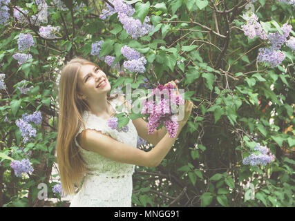 Glücklich süße Mädchen sammelt ein Bouquet von lila Blüten. Stockfoto