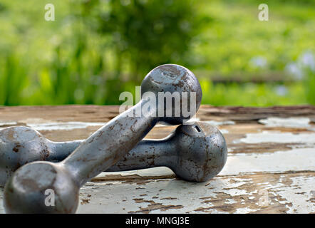 Sport und Fitness Concept. Schließen Sie herauf Bild von Vintage Hantel liegen auf Holztisch mit der Natur grüner Hintergrund Stockfoto