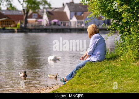 Frau mit blonden Haaren sitzen auf einem grasbewachsenen Ufer feeding ducks ist der Frühling, Sonnenschein. Stockfoto