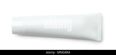 Blick von oben auf die leere Plastische, kosmetische Rohr isoliert auf weißem Stockfoto