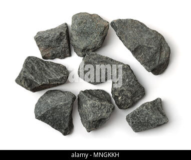 Ansicht von oben von gebrochenem Granit Steine isoliert auf weißem Stockfoto