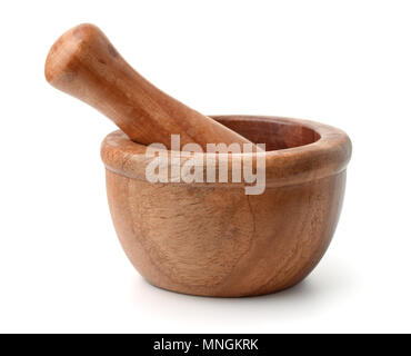 Holz Mörser und Stößel isoliert auf weißem Stockfoto