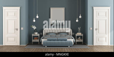 Elegante blaue Schlafzimmer mit Leder Bett und zwei geschlossene Tür - 3D-Rendering Stockfoto