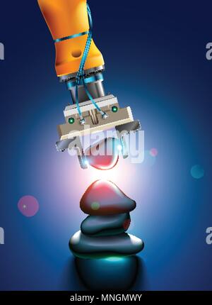 Künstliche Intelligenz Züge Roboterarm. Maschinelles Lernen. Zukünftige Konzepte. Roboter Manipulatoren ultra exakte Positioniergenauigkeit. Stock Vektor