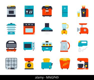 Küchengerät flachbild Symbole gesetzt. Web sign Kit der Ausrüstung. Elektronik Piktogramm Sammlung umfasst Standmixer, Entsafter, Gas. Einfache Küche cartoon Co Stock Vektor