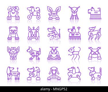 Robot Dog thin line icons set. Outline vector purple web sign kit of pet. Ultraviolet Character linear icon collection includes transformer, machine,  Stock Vektor