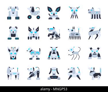 Roboter Hund Flach Symbole gesetzt. Web sign Kit von pet. Cute Zeichen Piktogramm Sammlung umfasst Transformator, Maschine, Cyborg. Einfache Roboter Hund cartoon Col Stock Vektor