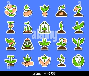 Sprout Aufkleber Symbole gesetzt. Web flat sign Kit von Samen. Anlage Piktogramm Sammlung umfasst Baum, Blätter, wächst. Einfaches Grün sprießen Symbol. Bunte Stock Vektor