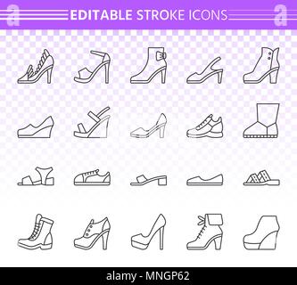 Frauen Schuhe dünne Linie Symbole gesetzt. Outline schwarz Web sign Kit von Schuhen. Mode linear Icon Sammlung umfasst Boot, Hausschuhe, Turnschuhe. Editierbare st Stock Vektor